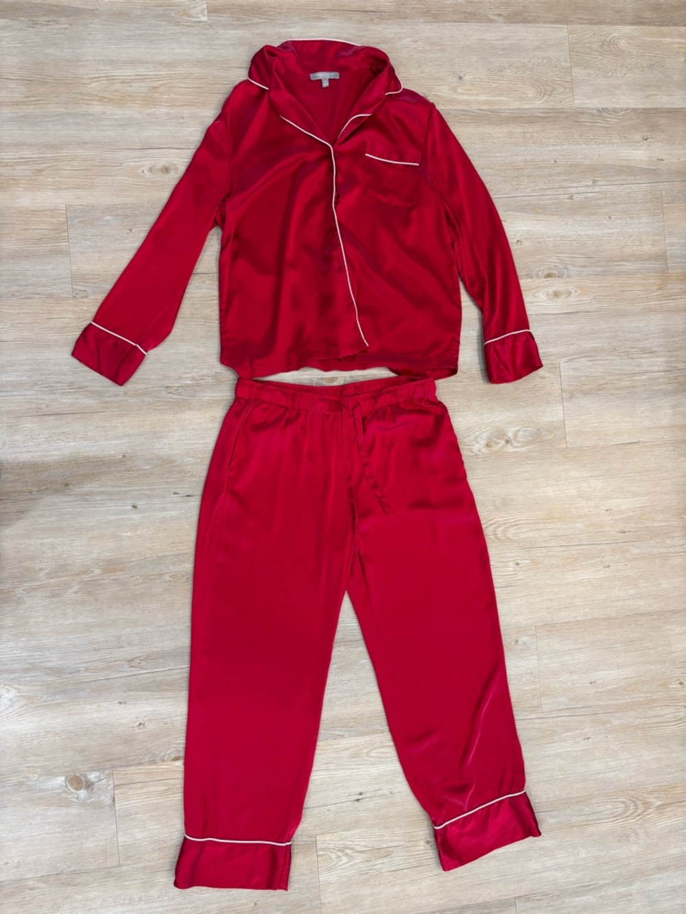 Neiman Marcus Red Satin Pajama Set with White Piping